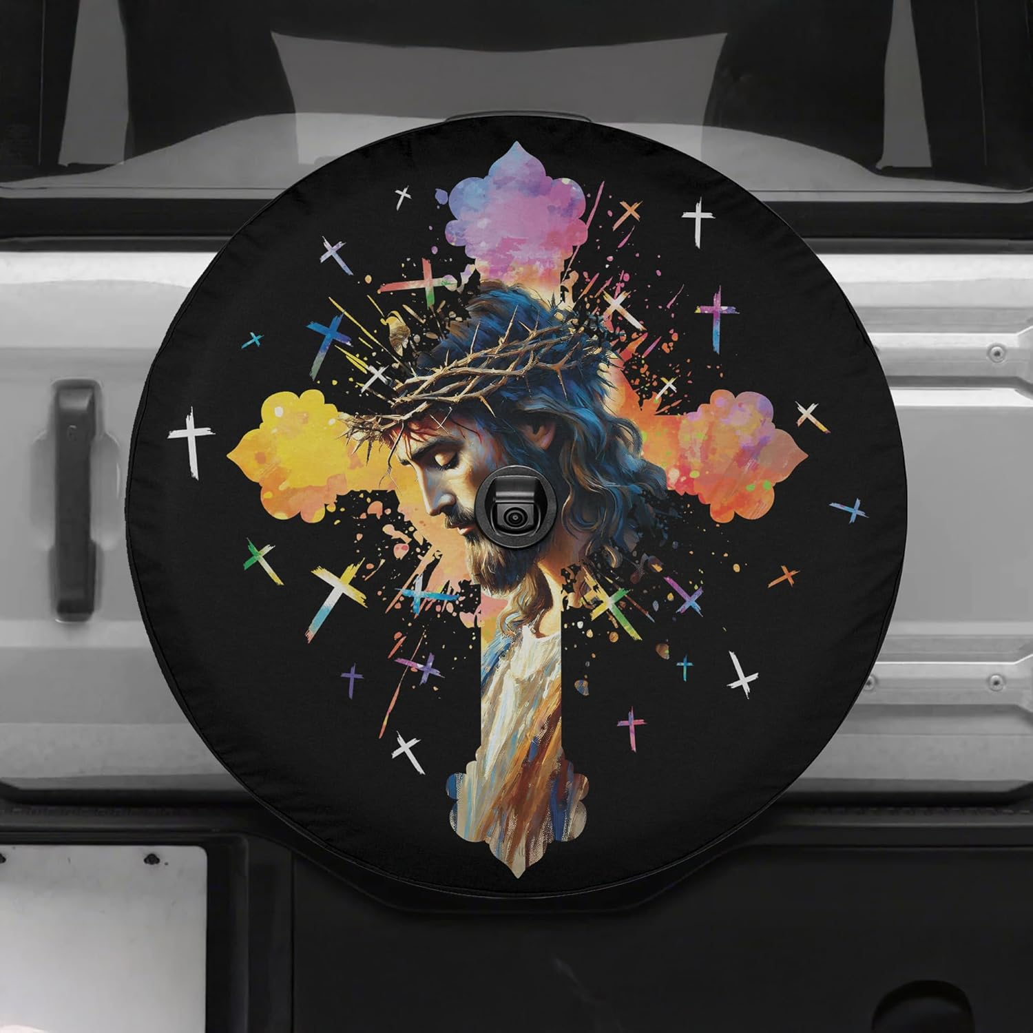 ThangPham Shop Colorful Jesus Christian Spare Tire Cover with/Without Backup Camera Hole – Religious Theme Art Tire Cover