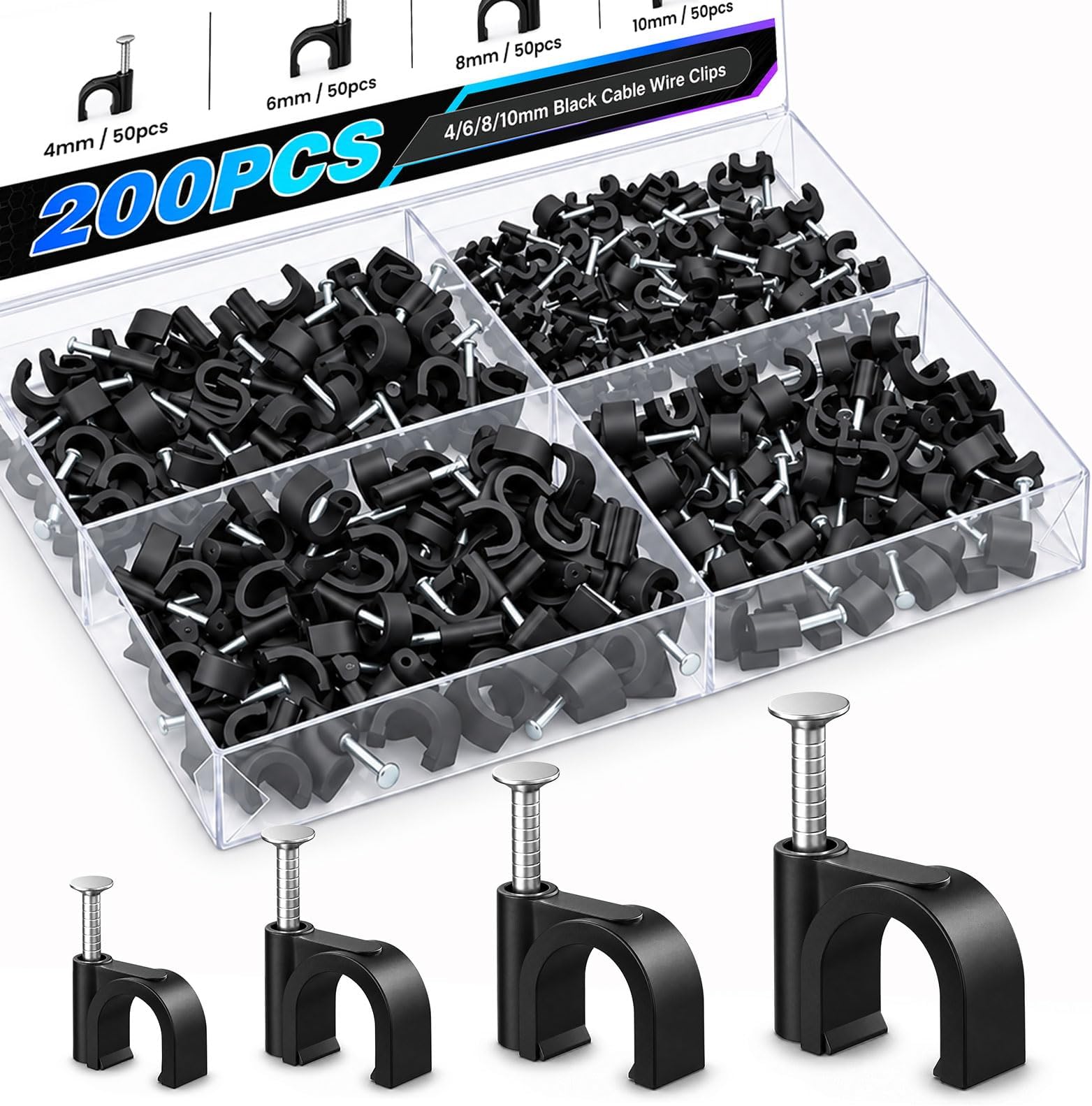 200 Pcs Cable Clips 4/6/8/10mm Nail in Cable Clips Cable Wire Clips Cable Tacks Coax Cable Speaker Wire Clips Cable Nails for Cords Wall Wire Clips RG6 RG59 CAT6 RJ45 Ethernet Cable Clips Black