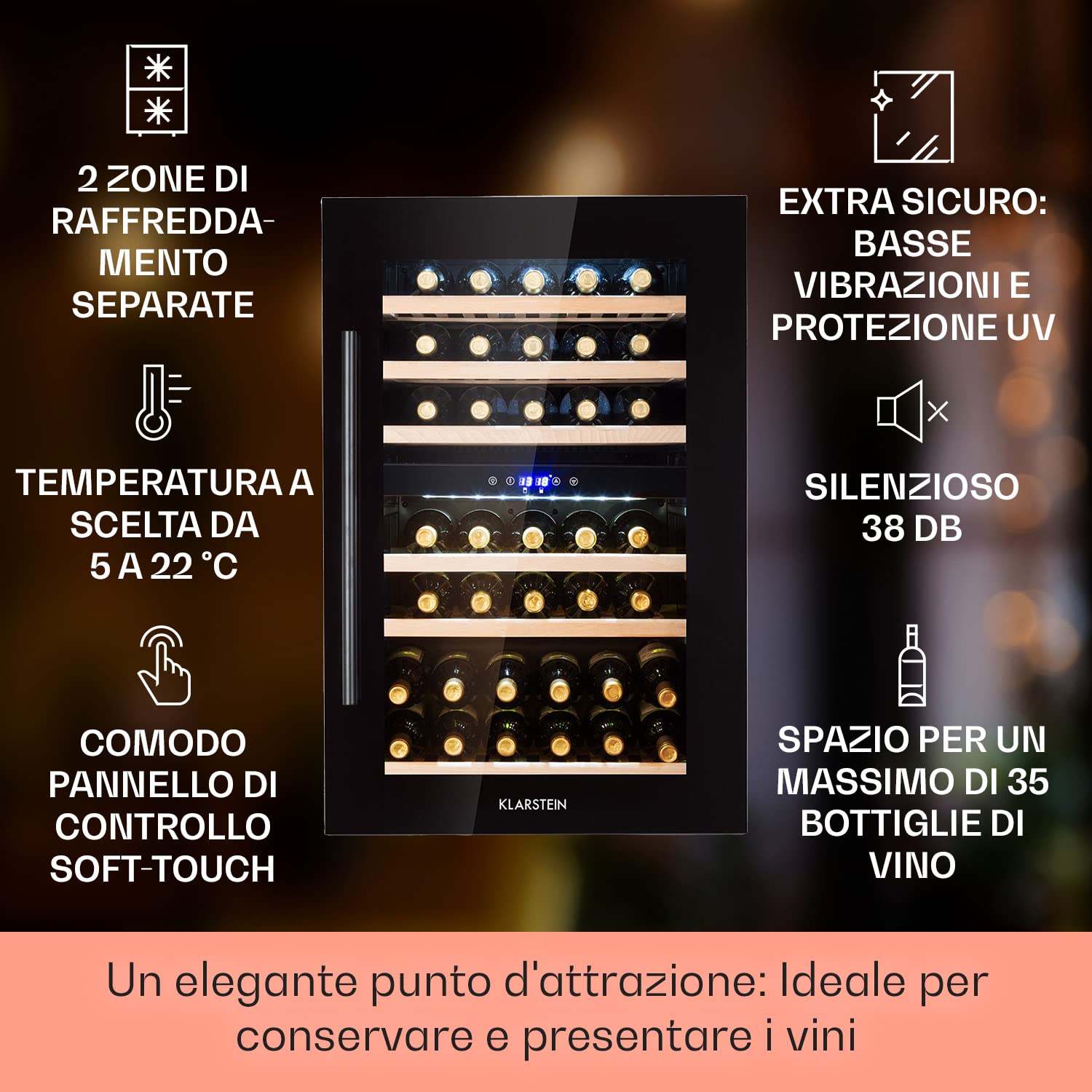 KLARSTEIN Cantinetta Vino Design da Incasso, Refrigerata a Zona Doppia per Vino Rosso, Bianco e Birra, Controlli Touch, Frigo per Esterno/Interno, 132L, 35 Bottiglie