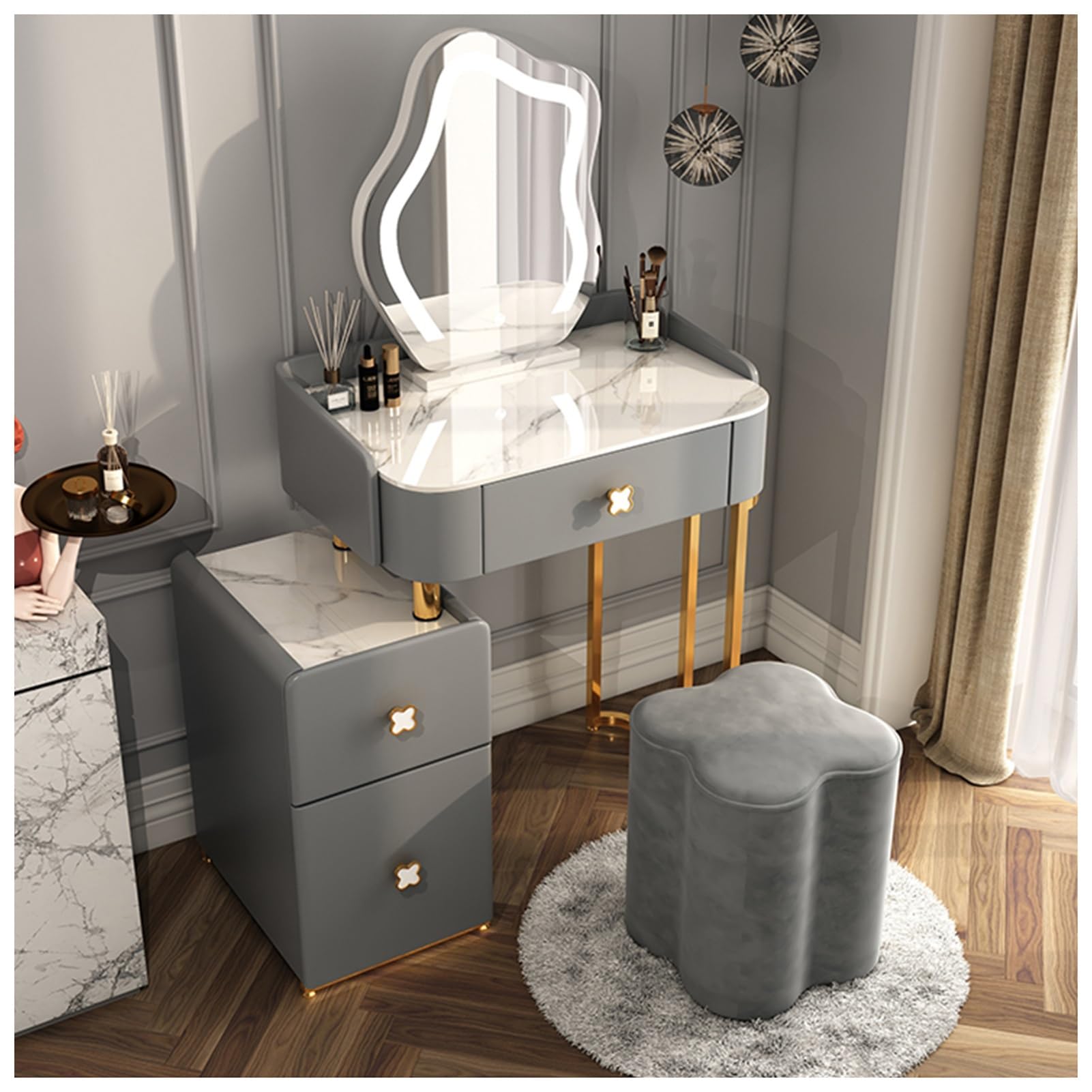 asdchZen Makeup Vanity Desk With Mirror & 3-Color Dimmable Lights, Stylish Makeup Table Set With Retractable Side Cabinets, 3 Drawers & Stool-Orange, 70X40X127Cm,Grey-60x40x127cm
