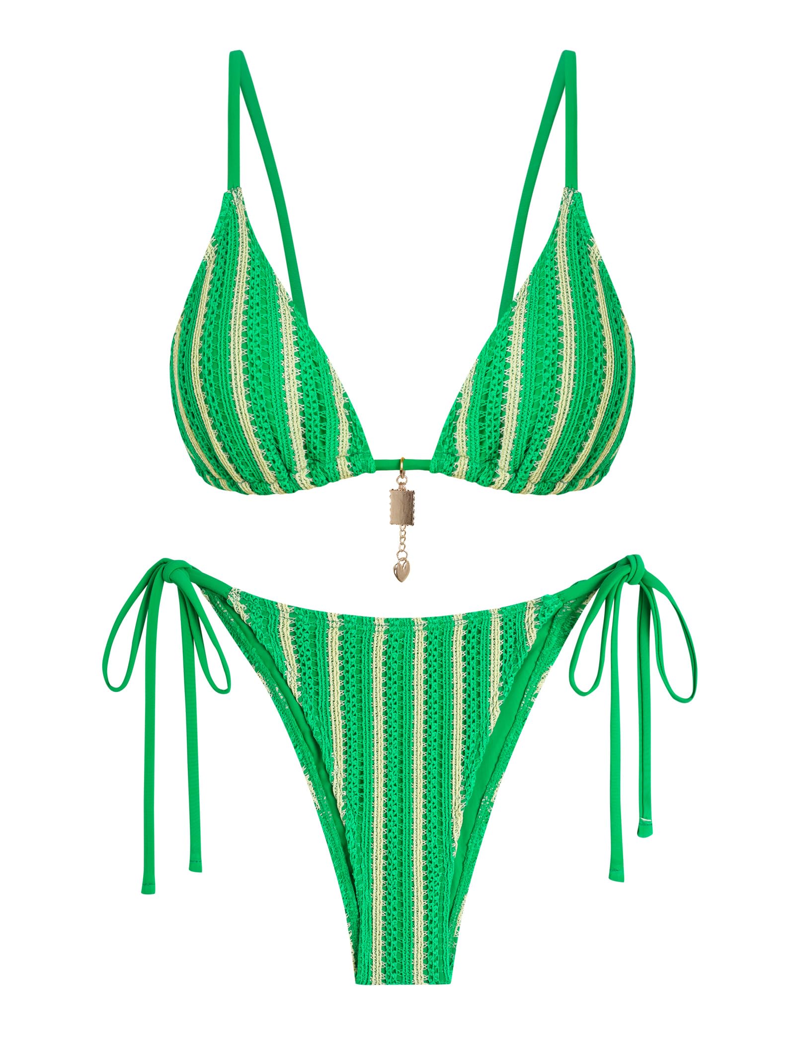 ZAFUL Crochet Bikini Sets for Women Cheeky Boho Bathing Suits Striped Brazilian High Cut Thong Bikini Swimsuit for Vacation
