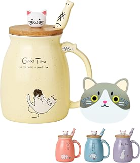 Cute Cat Mug Kawaii Ceramic Coffee Cup Kitten Wooden Lid and Lovely Stainless Steel Spoon Novelty Morning Cup Japanese Animal Mugs Christmas Birthday Gifts for Women Cat Lover Gift(Yellow)