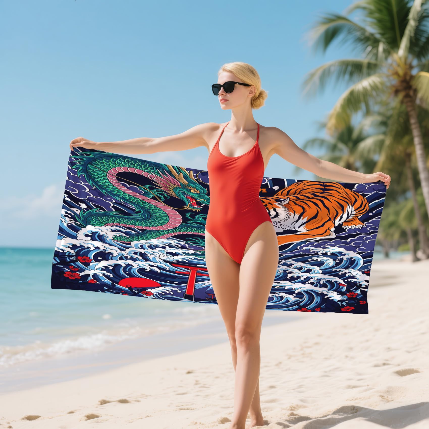 Serviette de Plage XXL Microfibre Dragon Tigre Style Japonais Torii Gate, Drap de Plage Séchage Rapide Anti Sable & Légère, Serviette de Bain Grande Taille 150x200 cm, Cadeau été