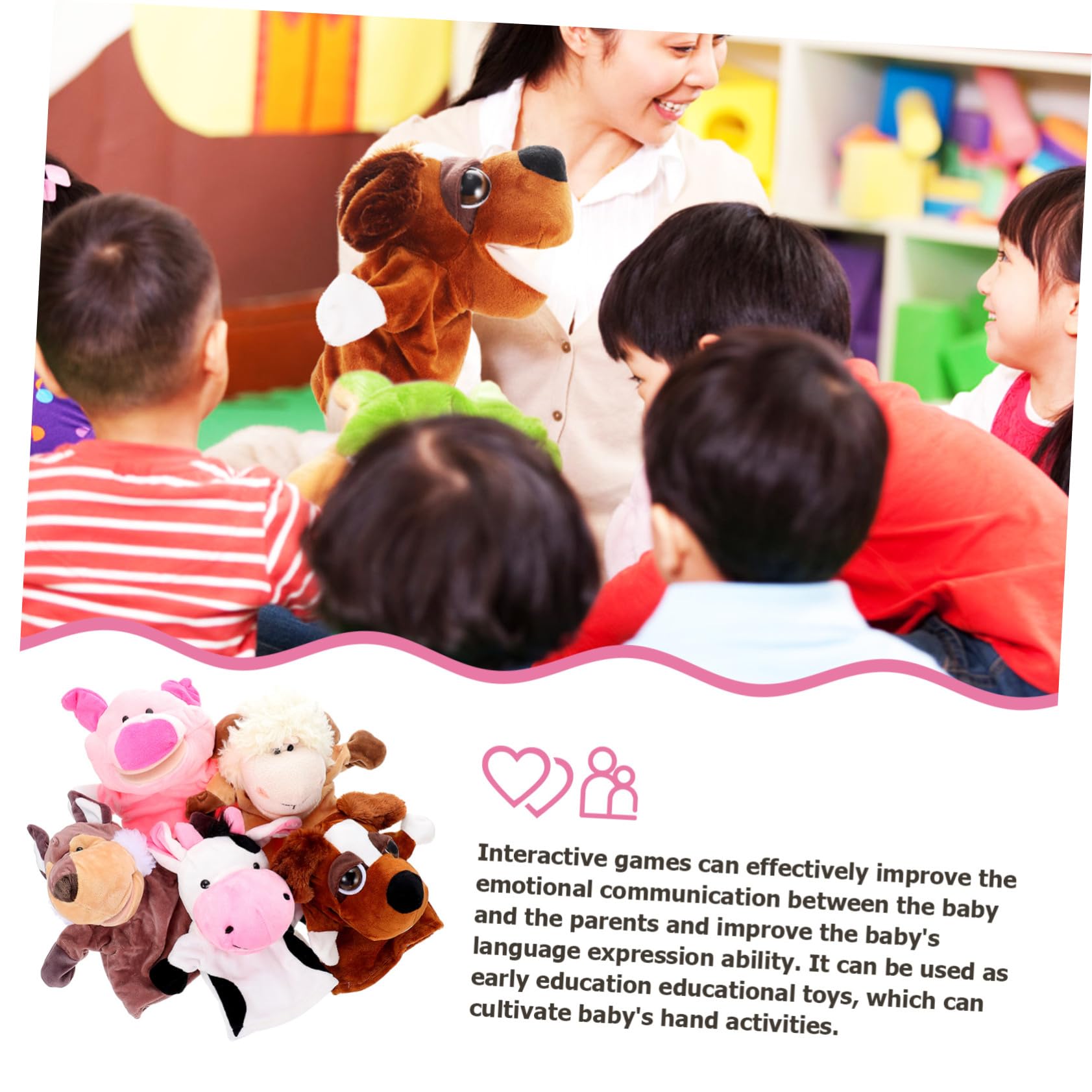 UPKOCH Marionetas De Mano Boca Móvil para Niños – Set De 5 Piezas (Cerdo Rosa, Vaca, Oveja, Gris, Perro Ojazos) – Juguetes Interactivos para Contar Historias Casa y Escuela