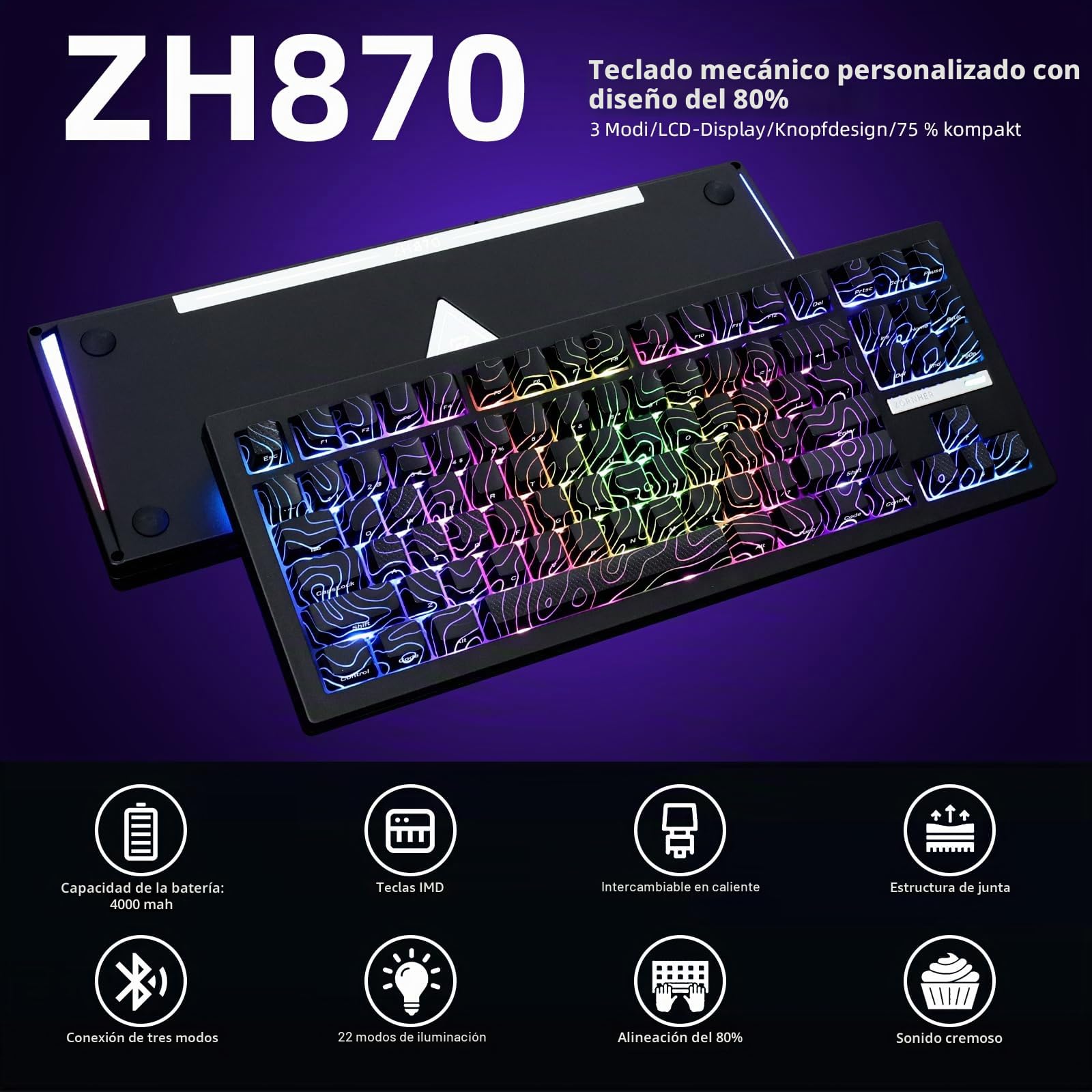 ZORNHER ZH870 Teclado para gaming inalámbrico, teclado mecánico 80% inalámbrico, negro con teclas Contour IMD PC, interruptores lineales cremosos, intercambio en caliente, iluminación RGB