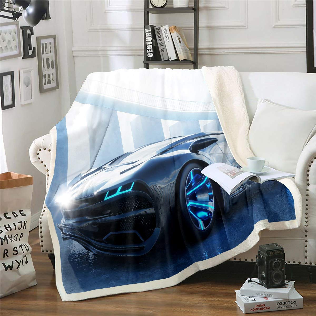 Loussiesd Boys Race Sports Car Plush Throw Blanket Extreme Sports Theme Fleece Sherpa Blanket for Couch Sofa Modern Cool Car Automobile Style Fuzzy Double 60"x79" — image 1