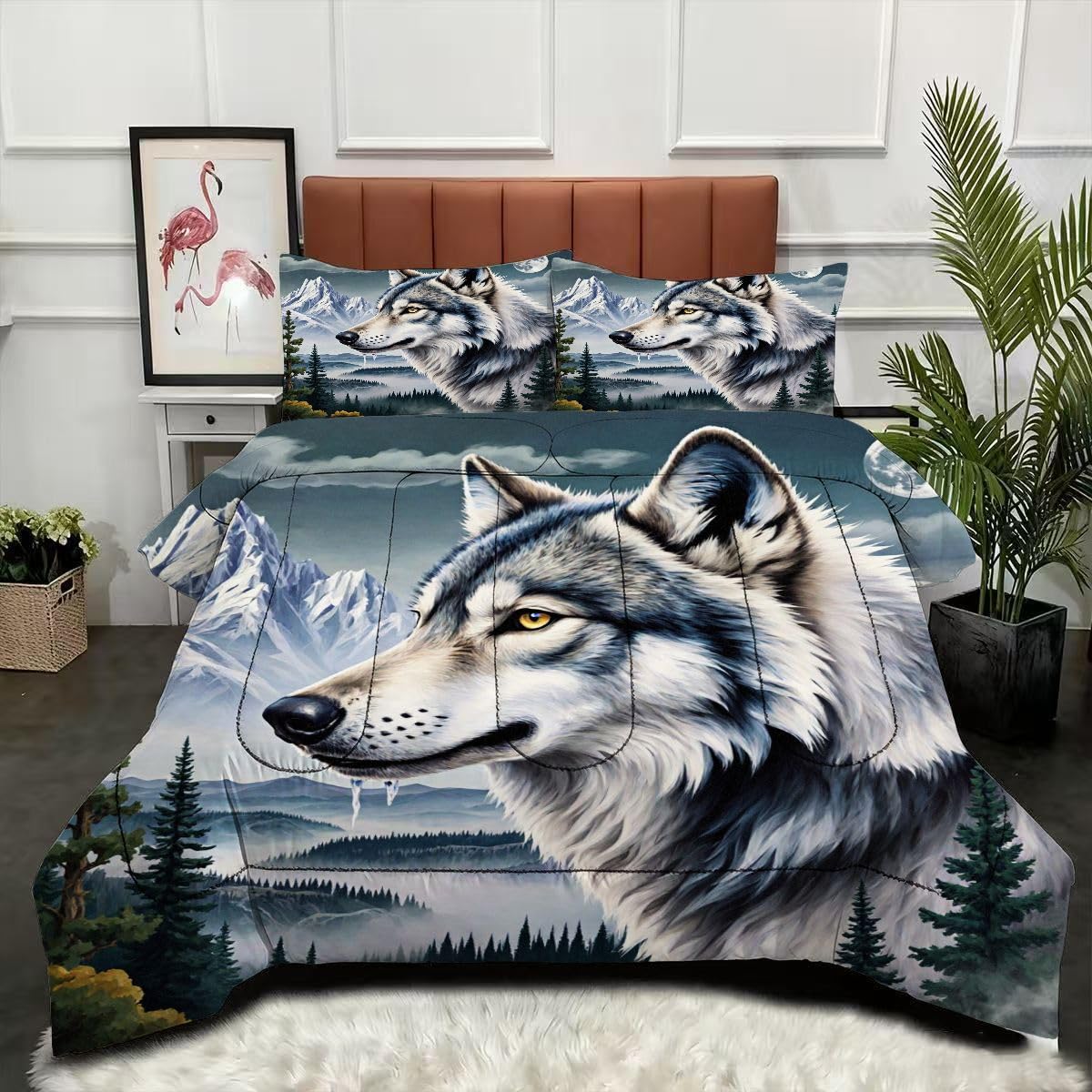 Couette 220 x 240 cm Loup Animal 3D avec 2 taies d'oreiller pour lit 2 personnes