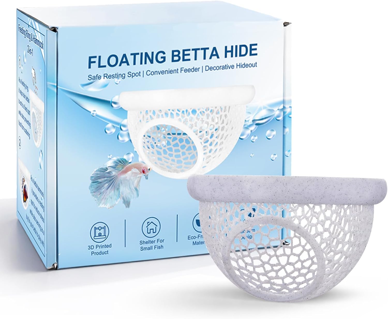 Floating Betta Hide & Shrimp Cave – 3D Printed Aquarium Hammock with Marble Texture, Feeder Ring & Rest Spot for Betta Fish, Nano Tanks, Corydoras, Shrimp – Safe PLA