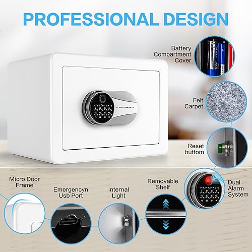 Miniatura 8 de Caja fuerte biométrica de 0.6 pies cúbicos, segura para huellas dactilares con bolsa ignífuga, estante extraíble, sistema de alarma, caja de dinero