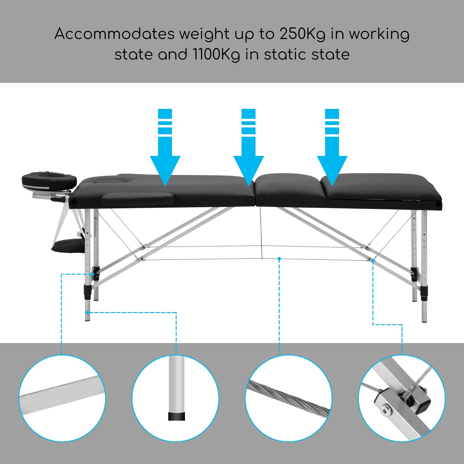 Mondeer Lettino da Massaggi 3 Zone Alluminio Portatile, Tavolo da Massaggio Professionale per Estetista e Fisioterapia (Nero)
