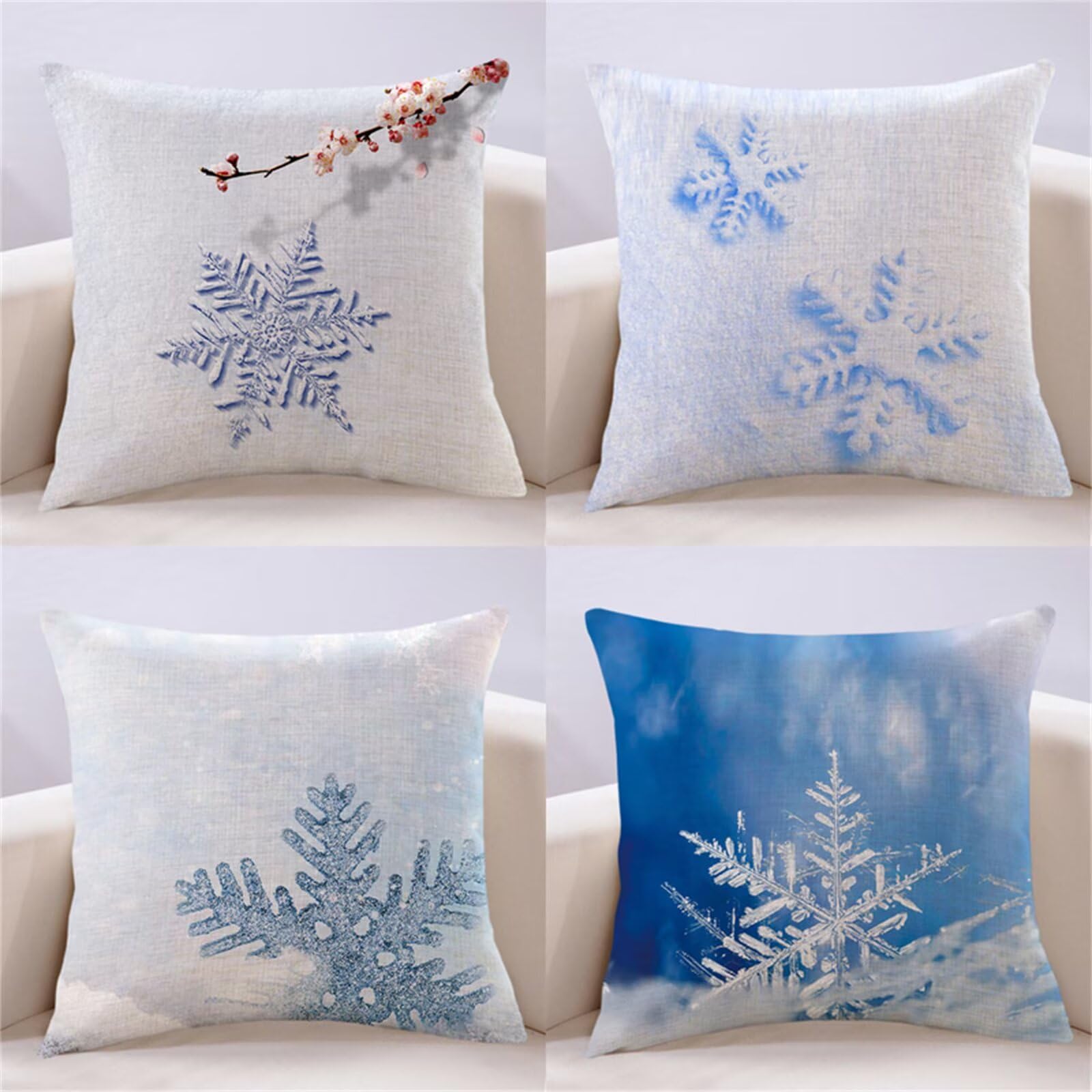 4er Pack Leinen Kissenbezug 60x60cm Einfachheit Schneeflocke Kissenhülle 40x40 Doppelseitig Sofakissen Dekokissen Quadratisch Kopfkissenbezug für Deko Wohnzimmer Outdoor Dekoration Kissenbezüge Z-7230