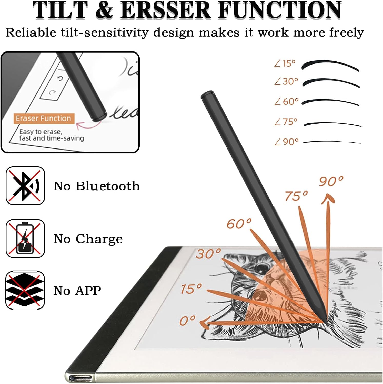 EMR Stylus with Eraser,Remarkable 2 Pen with Pencil Clip and 5 Tips 4096 Pressure Sensitivity & Palm Rejection & Tilt Remarkable Pencil for Kindle Scribe/Galaxy Tab & Book/Remarkable 1&2/Boox