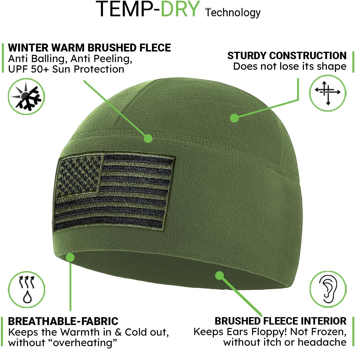 Temple Tape Tactical Beanie Hat - American Flag Fleece Winter Watch Cap - Military Hats for Men - Mens Army Beanies