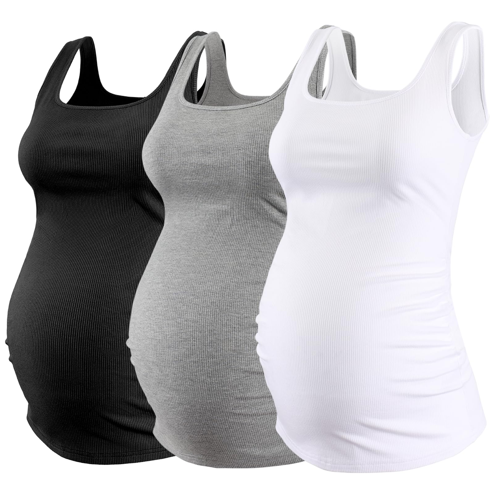 Ecavus Women's Maternity Tank Top 3 Pack Square Neck Ruched Side Soft Stretch Ribbed Comfortable Basic Shirt