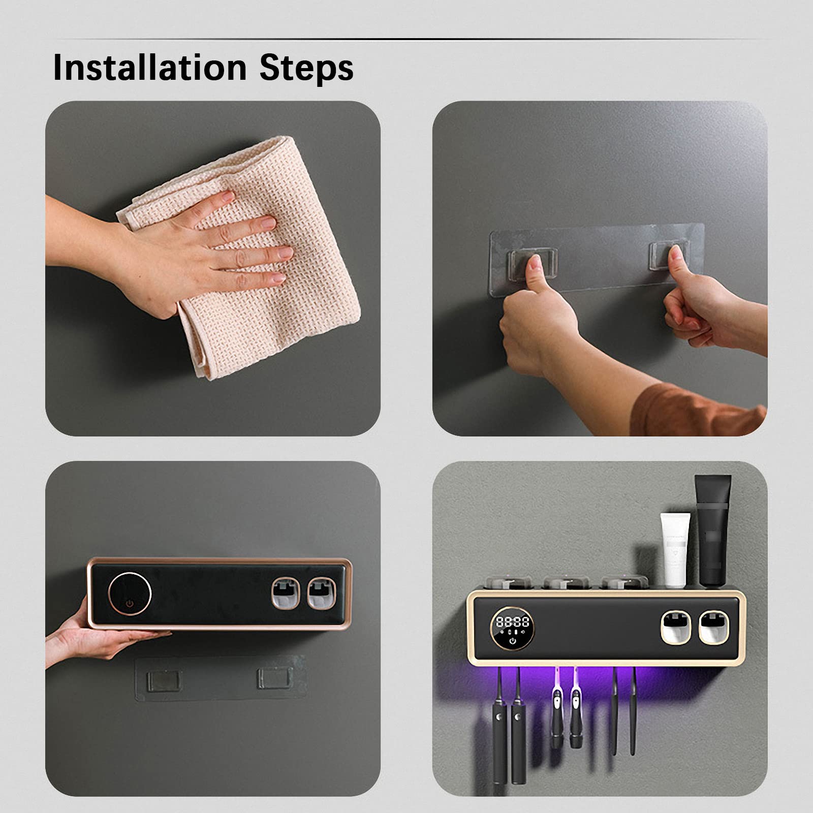 Portaspazzolino da Parete per Bagno con Bicchiere per collutorio + spremi dentifricio Automatico, Home Smart Touch mensola per spazzolino con Asciugatura ad Aria Calda