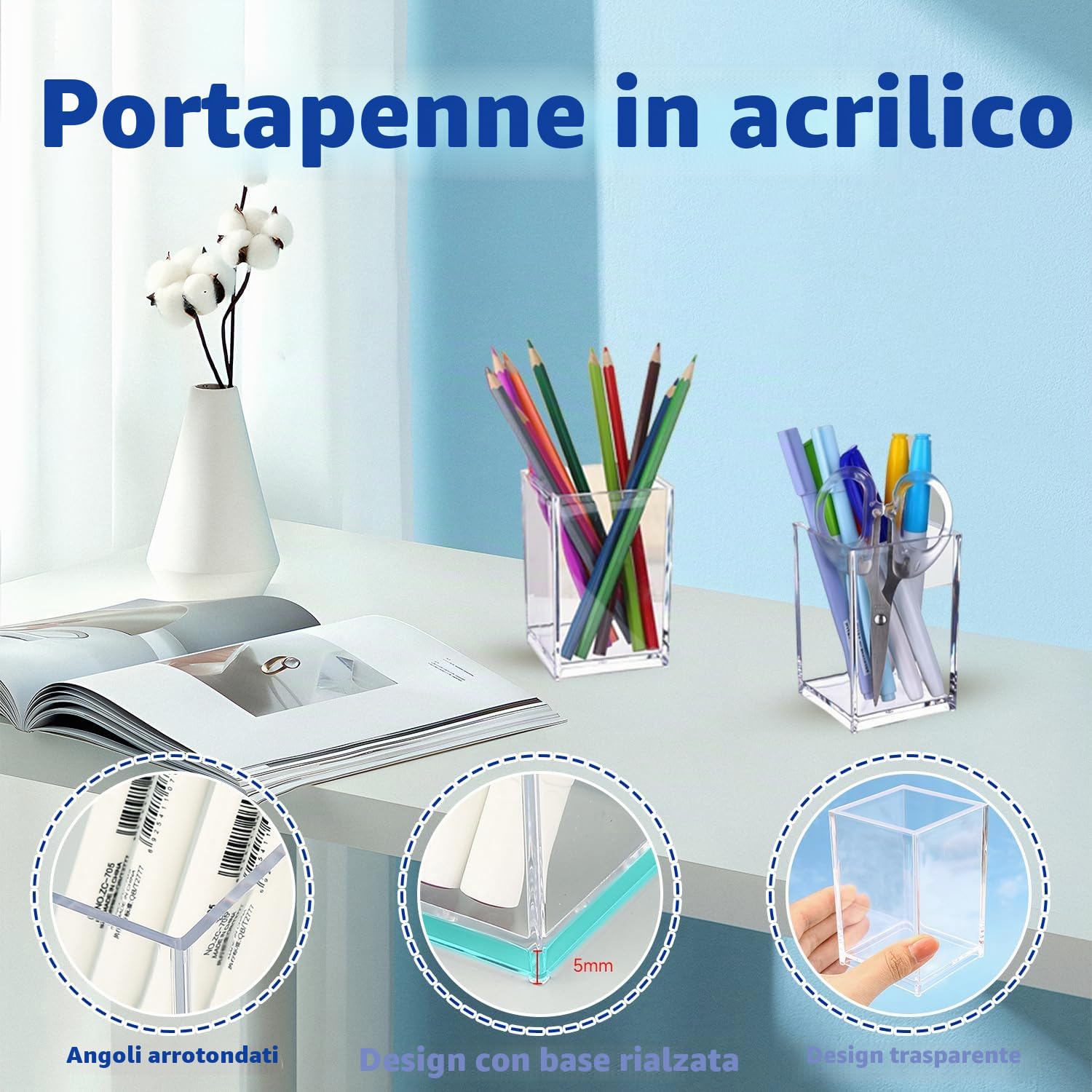 6 Pezzi Portapenne In Acrilico, Porta Pennelli Make Up Trasparente, Quadrato Portamatite da Scrivania per Accessori da Scrivania Scuola Casa Bagno Ufficio