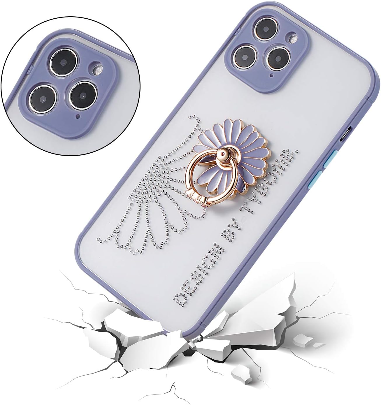Aulzaju for iPhone 12 Phone Case with Ring Kickstand for Girls Women Luxury Pretty Fashion Flower Design Cute Clear Bling Diamond Hard Back Soft Silicone Full Body Protective Case 6.1 Inch Purple