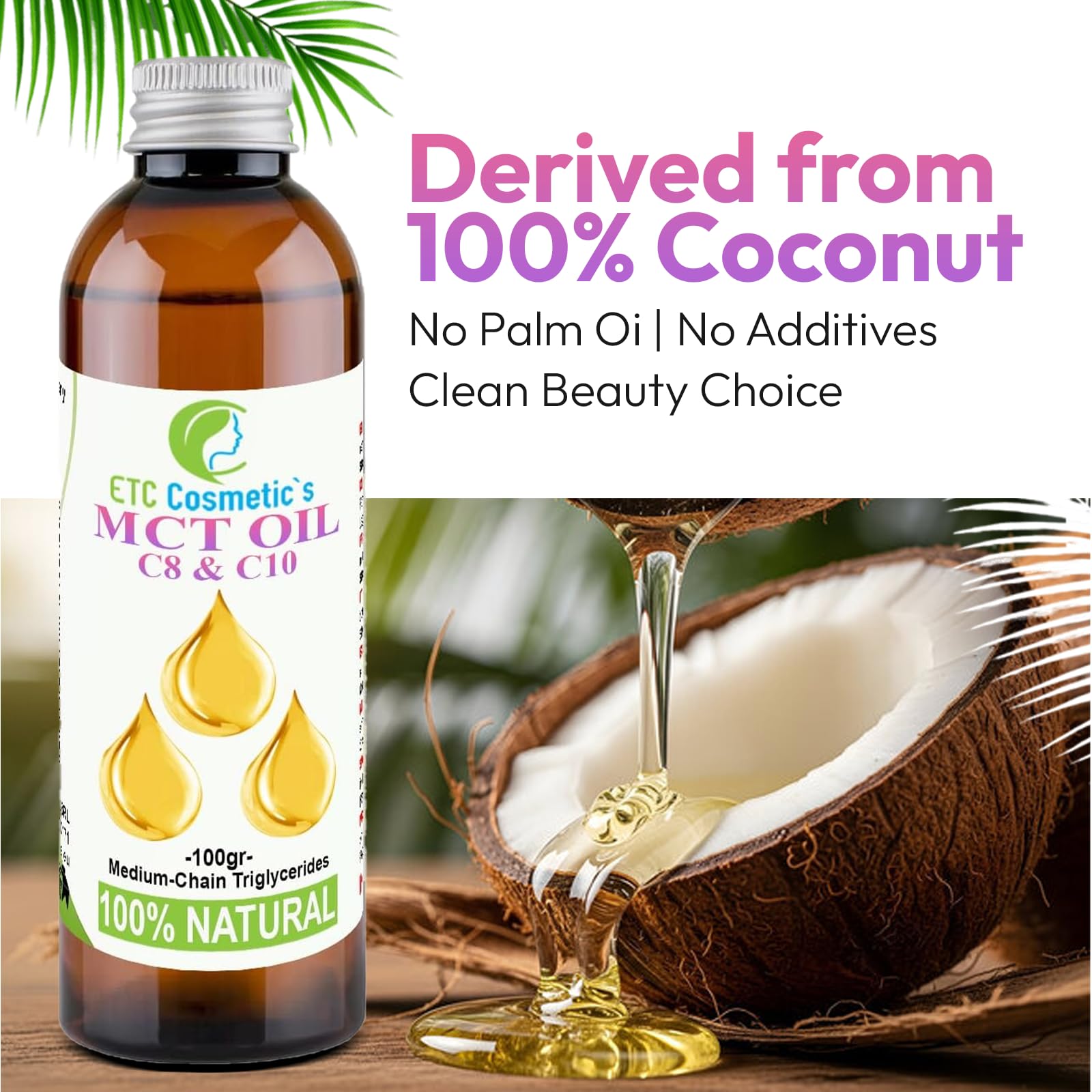 Aceite MCT - 100 g - Triglicéridos de cadena media C8 y C10 | Usos: bálsamos, cremas, productos para después del sol, aceites de playa, contorno de ojos, desmaquillantes, sérums