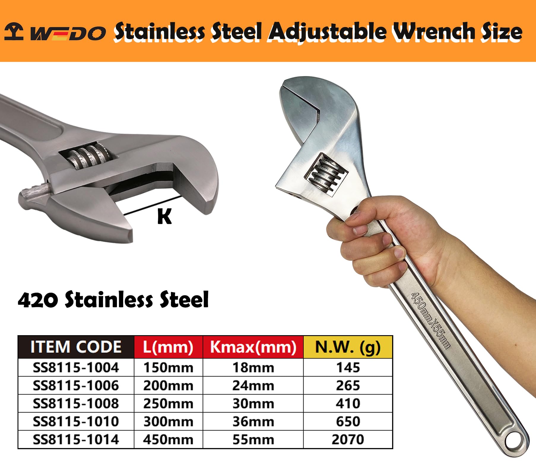 WEDO Chiave regolabile da 20,3 cm, chiave regolabile in acciaio inossidabile, ganasce larghe 24 mm, lunghezza 200 mm, micro magnetica, resistenza alla corrosione, antiruggine, ad alta resistenza,