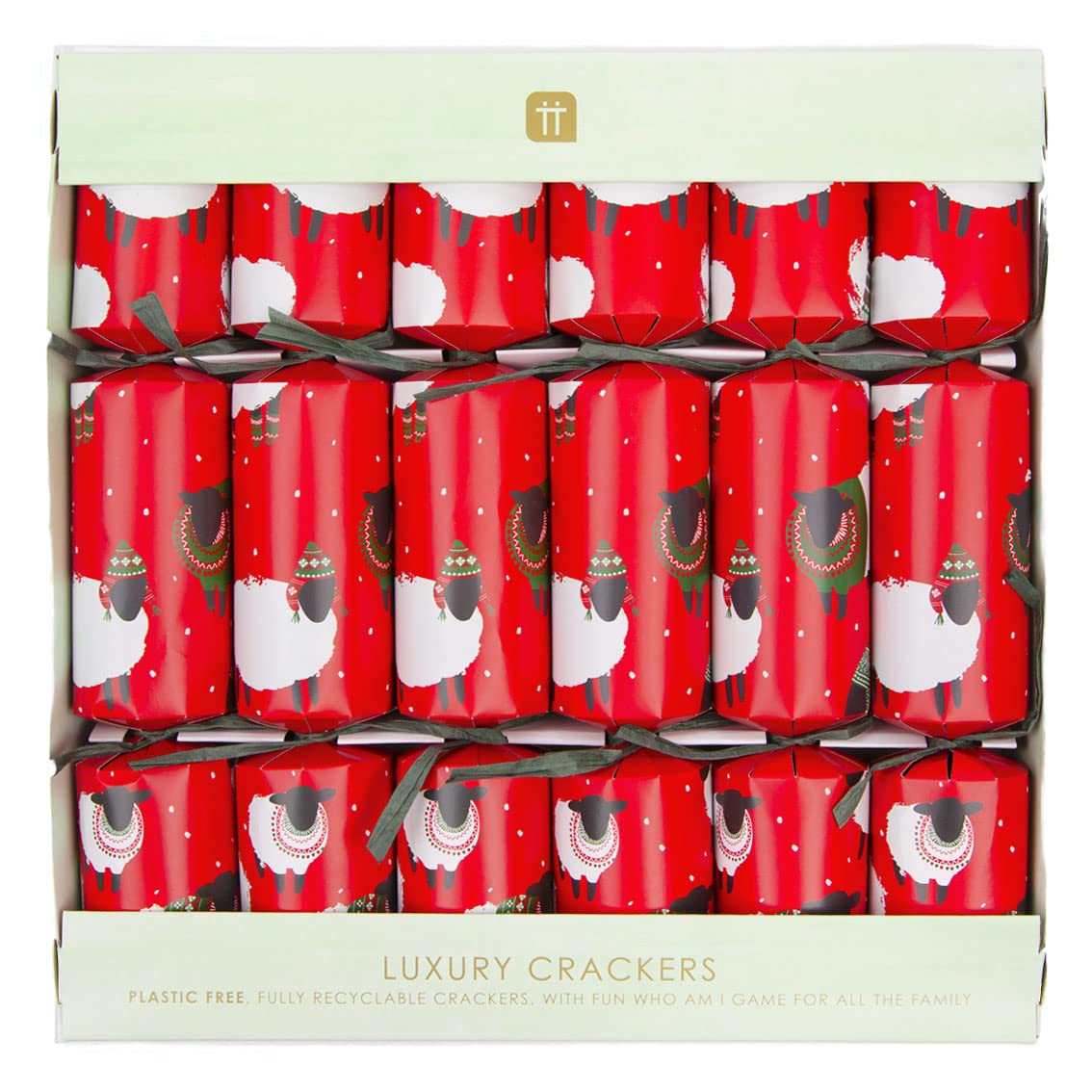 Talking Tables Pack of 6 Eco-Friendly Handmade Christmas Cracker with Novelty Sheep Design | Contains Paper Hat, Joke & 'Who Am I' Game | Plastic-Free, Recyclable Tableware for Xmas, Boxing Day, Red