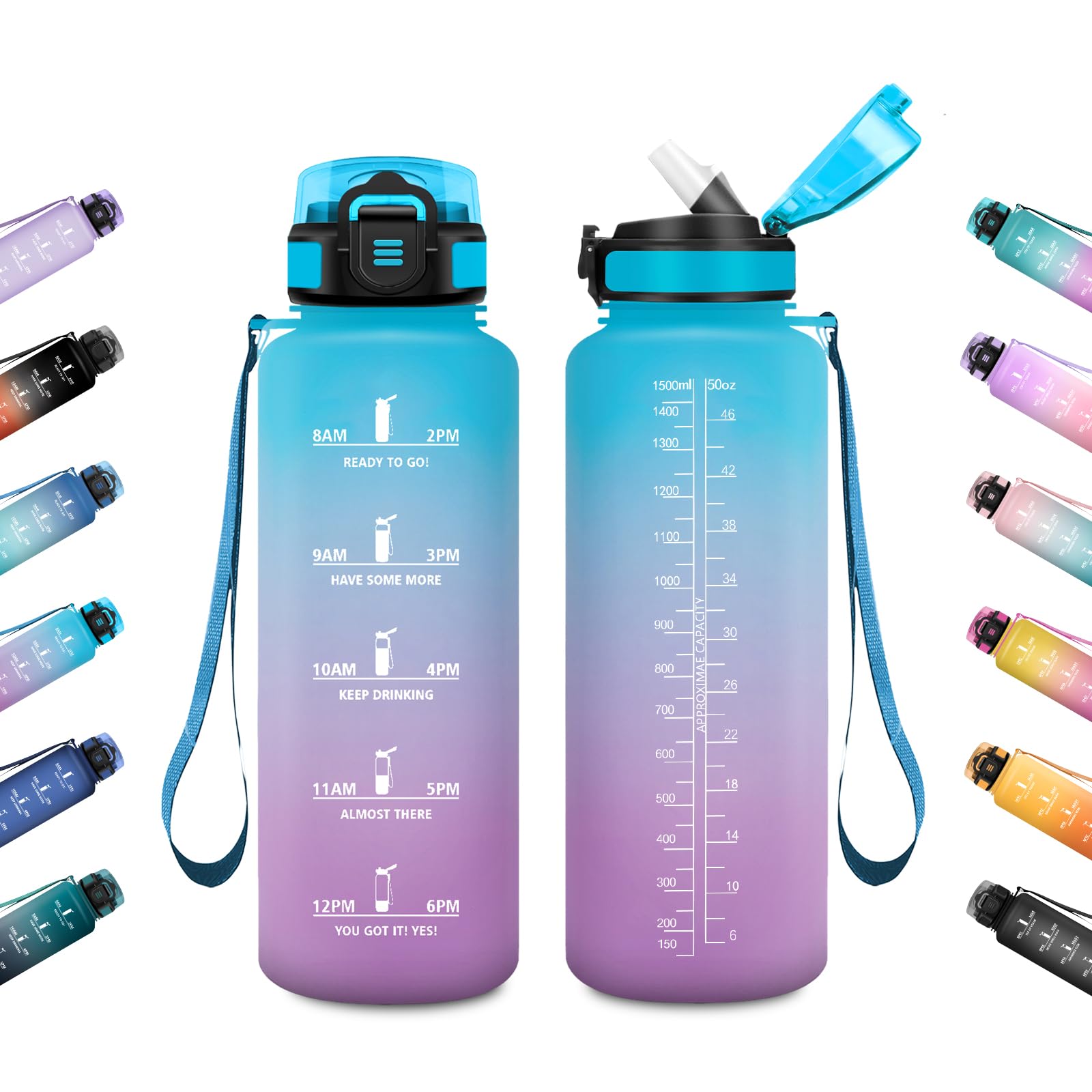 JAPORIA 1.5L Water Bottle Motivational Water Bottle with Straw, Time Indicator, Leakproof, Reusable for Gym, Camping, Work