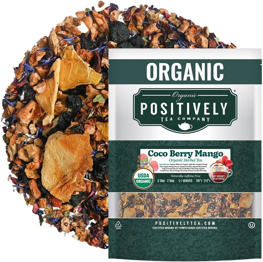 Organic Positively Tea Company, Coco Berry Mango, Herbal Tea, Loose Leaf, 16 Ounce