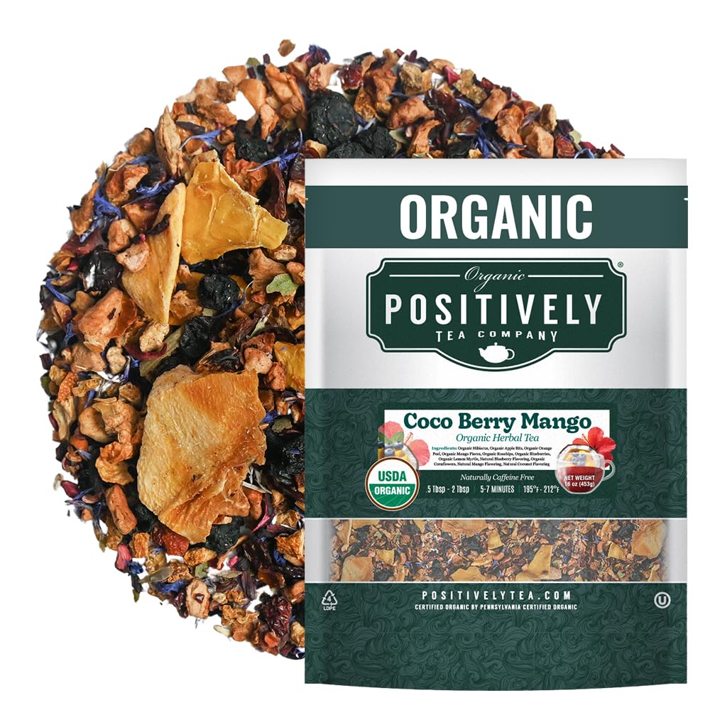Organic Positively Tea Company, Coco Berry Mango, Herbal Tea, Loose Leaf, 16 Ounce