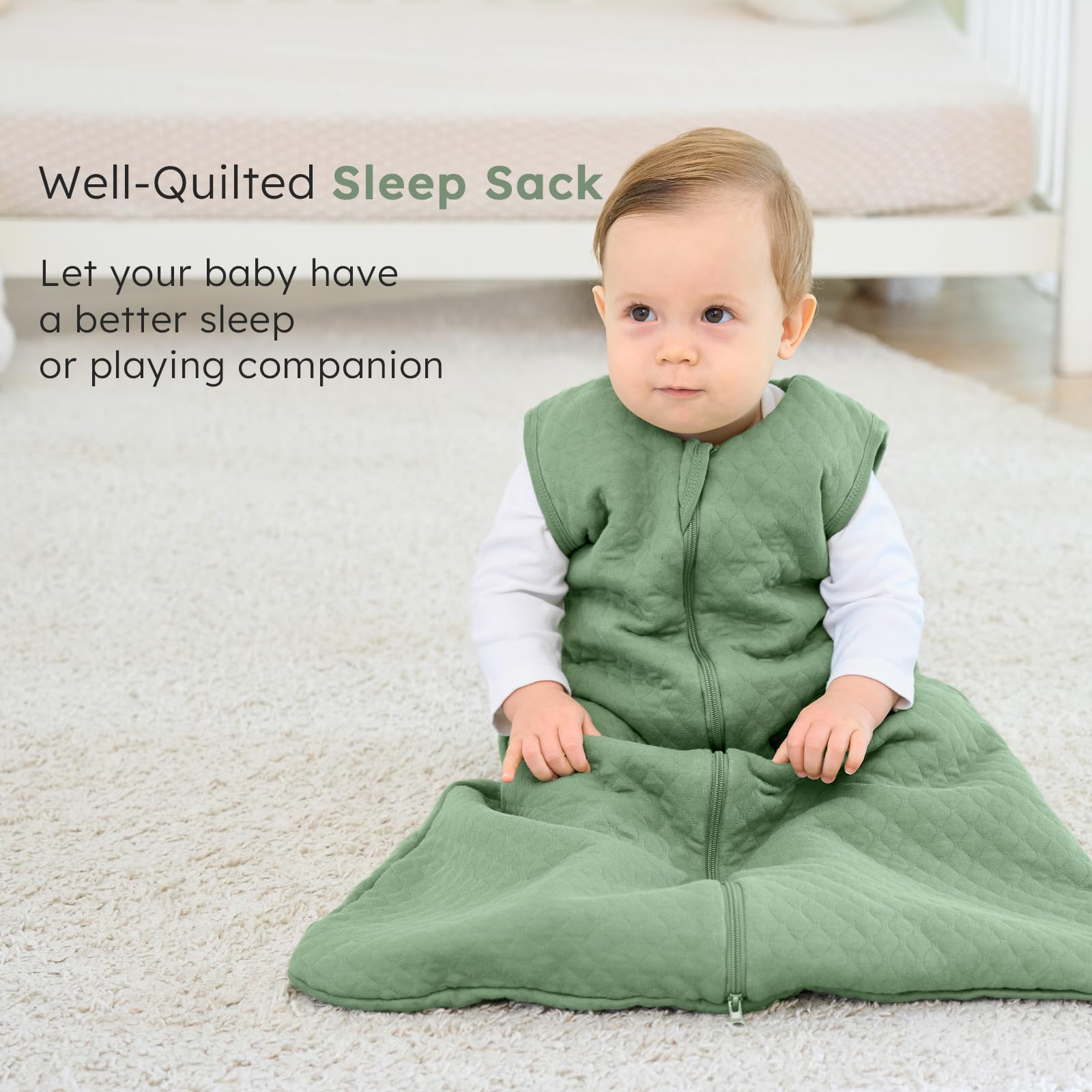 FIEMOL Sacco Nanna Invernale 2,5 Tog 18-24 mesi, Sacchi Nanna in Cotone per Neonato, Sacco a pelo per Neonati e Bambini, coperta indossabile con cerniera a 2 vie Verde