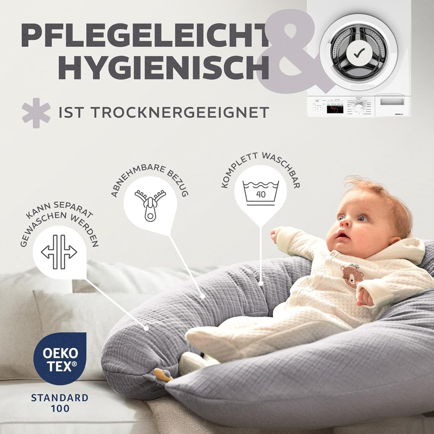 Sei Design XXL Stillkissen 190 cm x 35 cm Musselin-Bezug ergonomisch Schwangerschaftskissen Seitenschläferkissen Komfortkissen Bio-Baumwolle