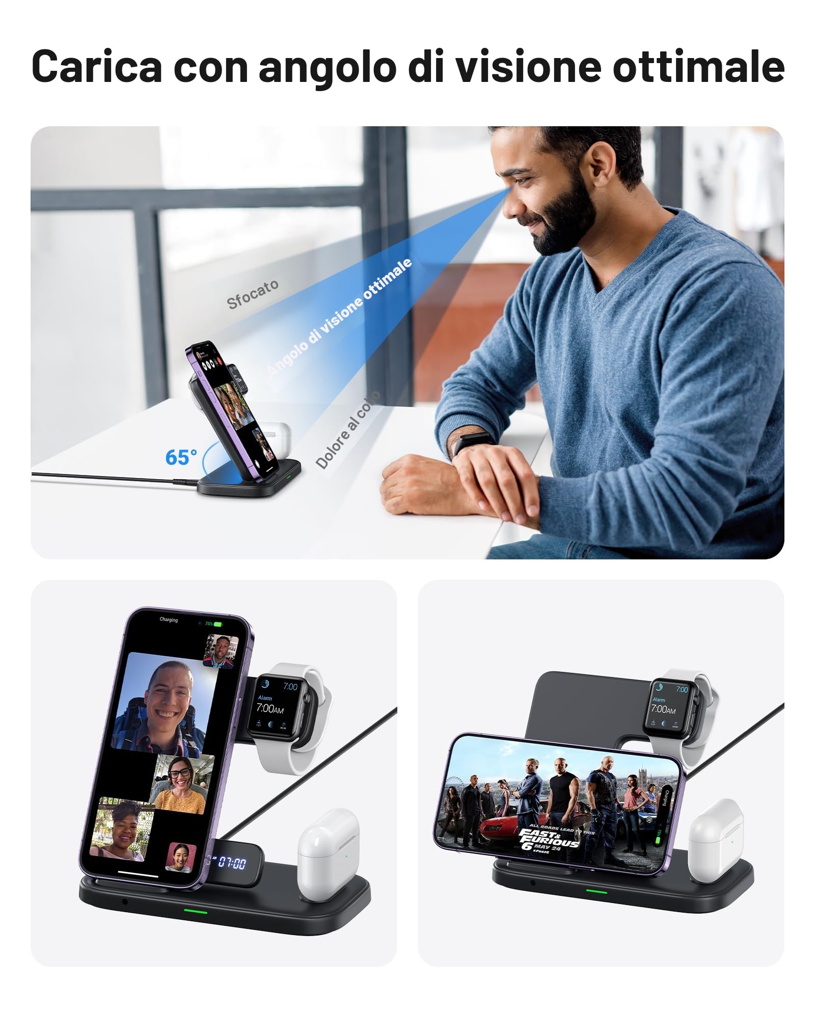 INIU Stazione di Ricarica Apple, 15W Qi Caricatore Wireless 3 in 1 per iPhone, Apple Watch e AirPods, Dock Station Apple con Cavo e Adattatore Inclusi