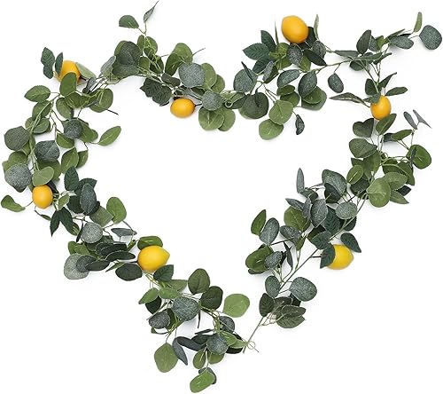 Guirnalda de limón artificial de 6.5 pies, guirnalda de eucalipto de primavera y verano con limones, fruta, enredaderas de limón, coronas para