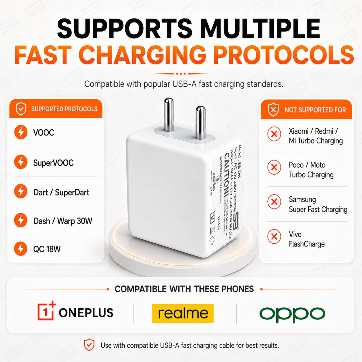 SB 80W Fast Charger with USB to Type C Cable | 7.3A Mobile Charger Adapter | Compatible with SuperVOOC, VOOC, Warp, Dash & Dart Charging Devices | for OnePlus, Realme & Oppo Smartphones. — Amazon image 3