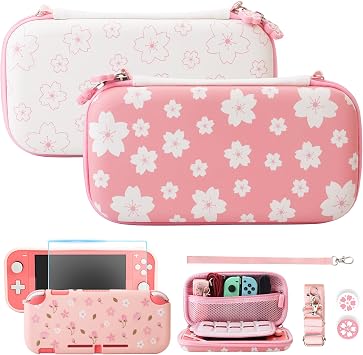 FUNDIARY Pink Sakura Carrying Case for Nintendo Switch Lite, Cute Travel Cases Girl Accessories Kit with Slim Potrable Storage Bag, Soft TPU Cover Case, Shoulder Strap and Thumb Caps