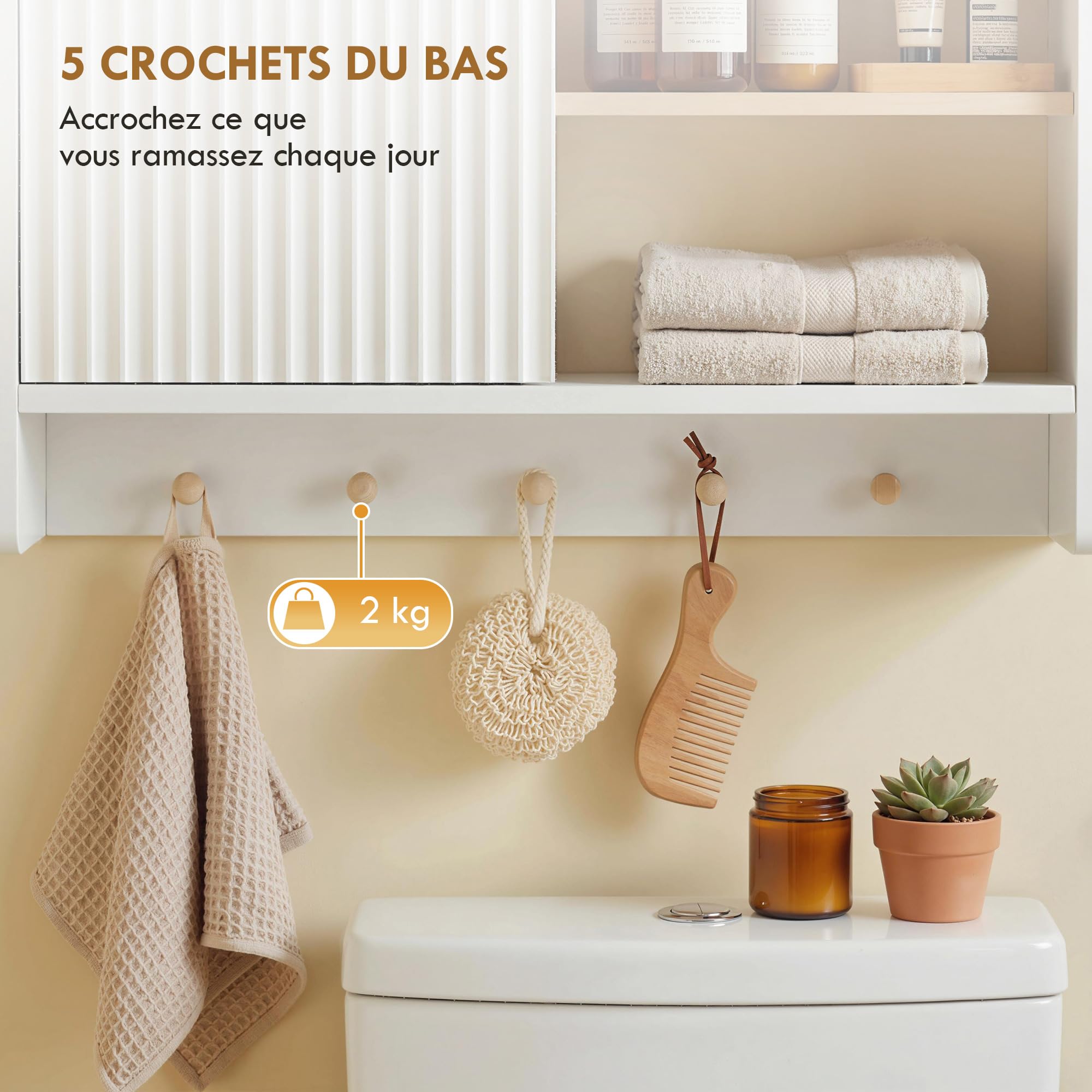 HOMCOM Armoire Murale de Salle de Bain, Meuble de Rangement Suspendu pour Salle de Bains avec Porte, étagères Ouvertes et 5 Crochets, Meuble WC Suspendu, 60 x 20 x 40 cm, Blanc et chêne