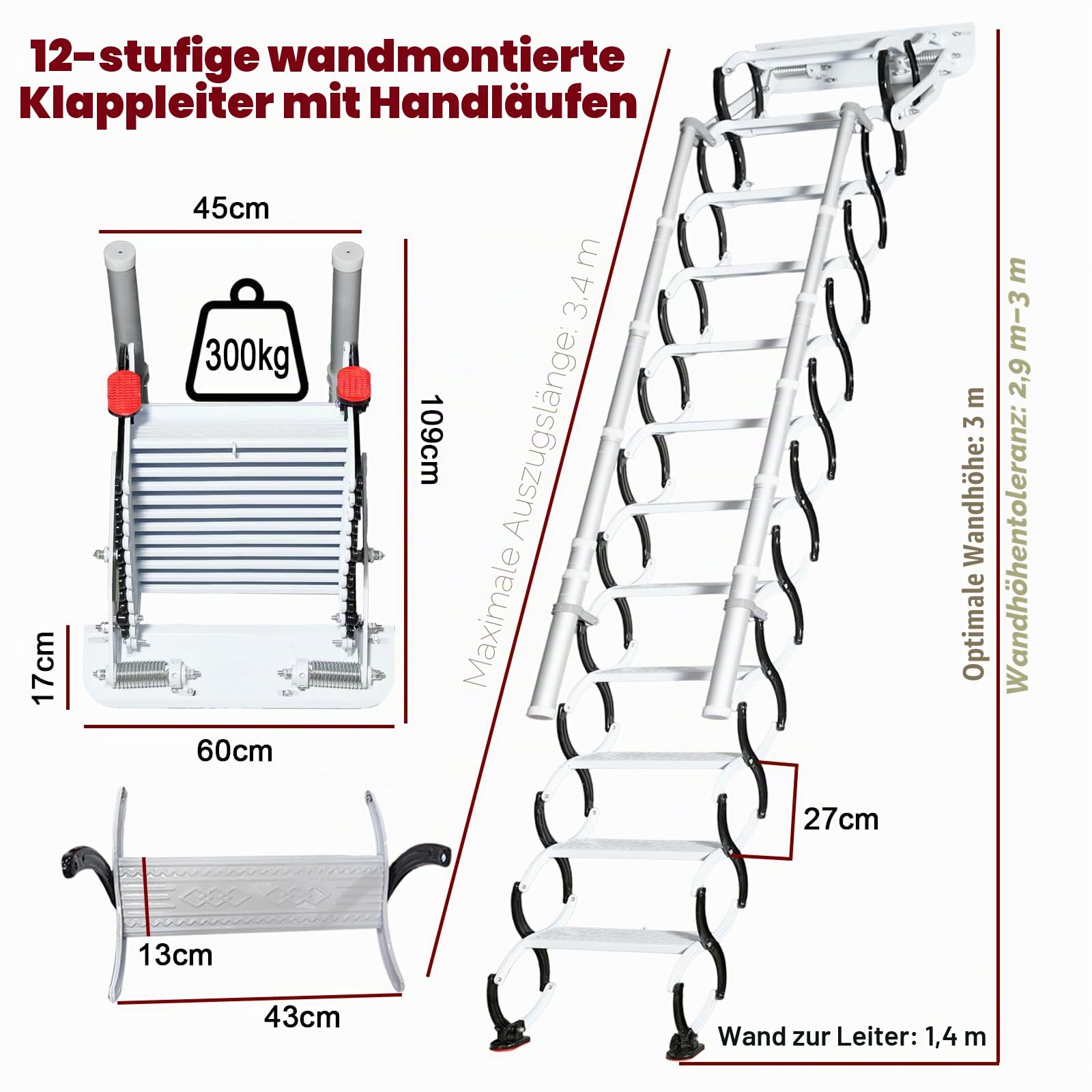 12 Stufen Wandmontierte Dachbodenleiter, Einziehbare mit 2 Handlauf Ausziehbare Klappleiter, Robustem Faltsystem, für Wohnzimmer, Büro, Schlafzimmer, Garage & Balkon (2.9-3.0m/9.5-10ft)