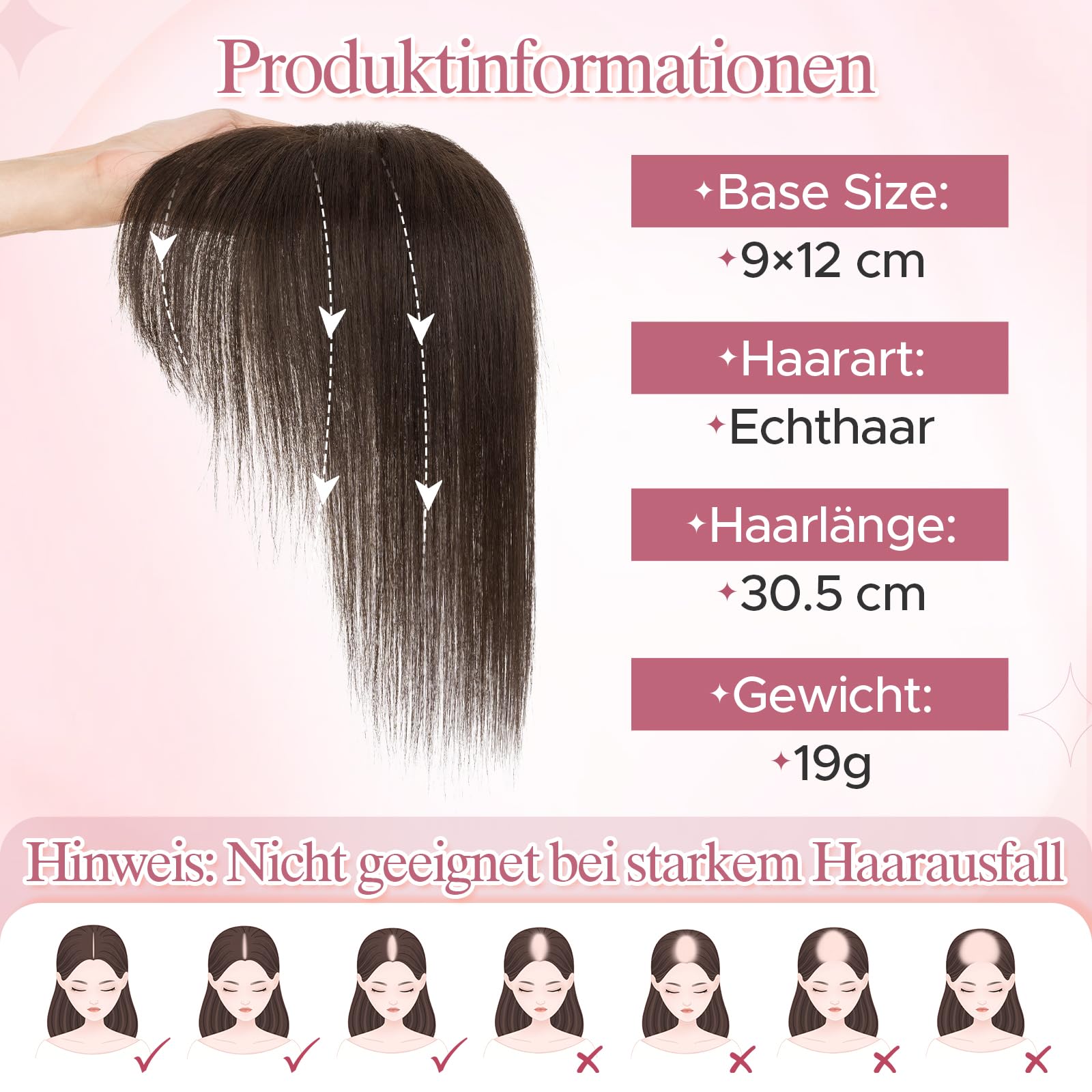 SEGOHAIR Echthaar Hair Topper für Frauen mit Wispy Pony Handgebundene 3,54" x 4,72" Lace-Basis-Haarteil mit 3 Clips einfaches Clip-in leichte atmungsaktive Basis #02 Mokkabraun