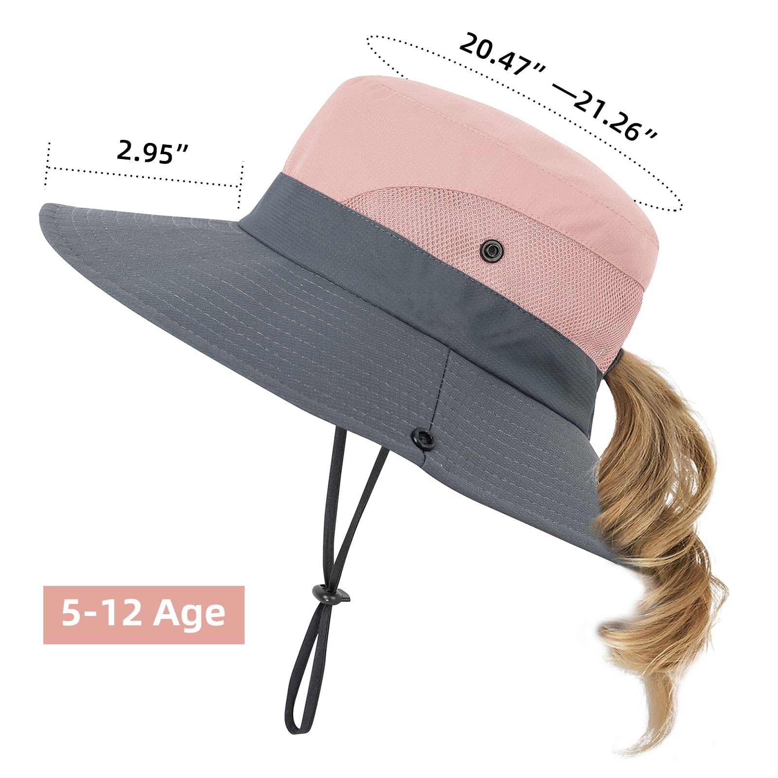 Sombrero de sol para niños con agujero para cola de caballo, protección UV, ala ancha, para verano, playa, sombrero de pesca para niñas
