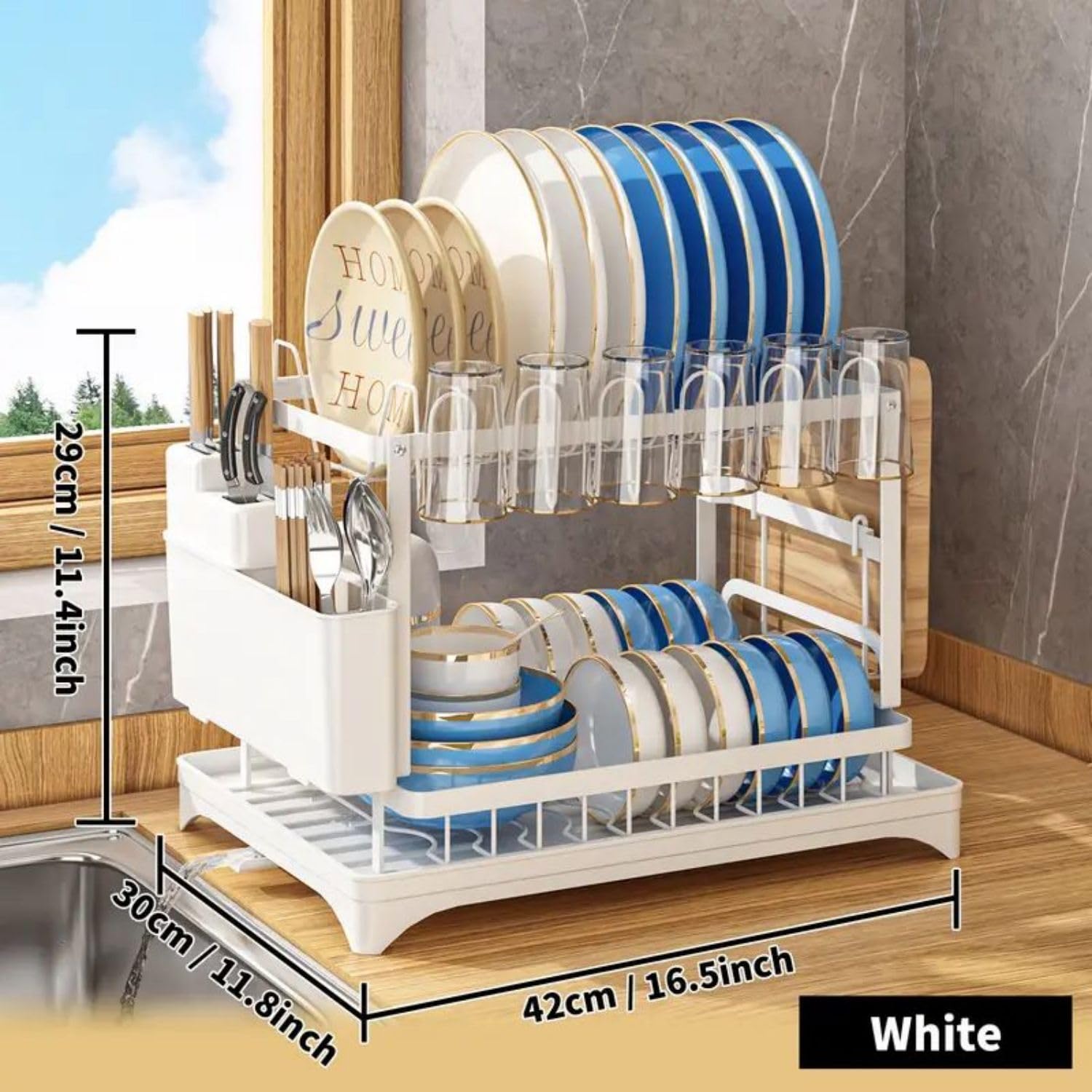 Escurridor para platos, soporte para utensilios de 2 niveles, resistente al óxido, con escurridor y soporte para utensilios para encimera de cocina, accesorios de cocina (blanco)