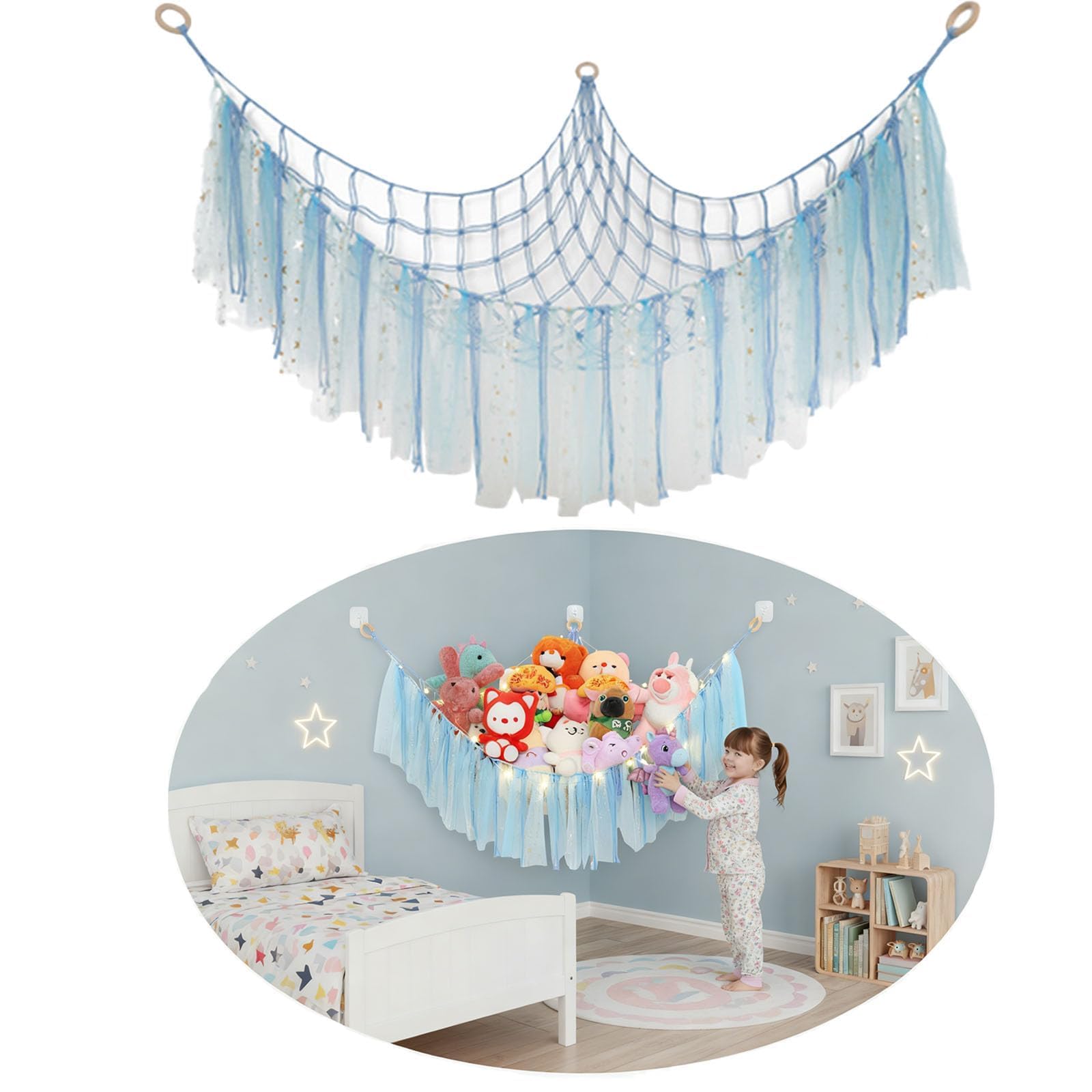 LAZYTAIL 2-Pack Teddy Hammock,Large Stuffed Animal Hammock Plush Toy Storage Net - with LED Light & Tassel, Girls Bedroom Kids Room Corner Wall Decor, Hanging Organizer for Plushie (Blue)