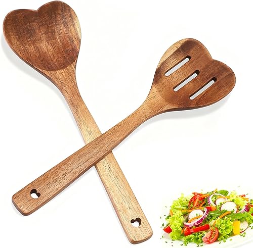 Juego de 2 cucharas de madera con forma de corazón para cocinar, cuchara de madera en forma de corazón, mango largo, utensilios de cocina de