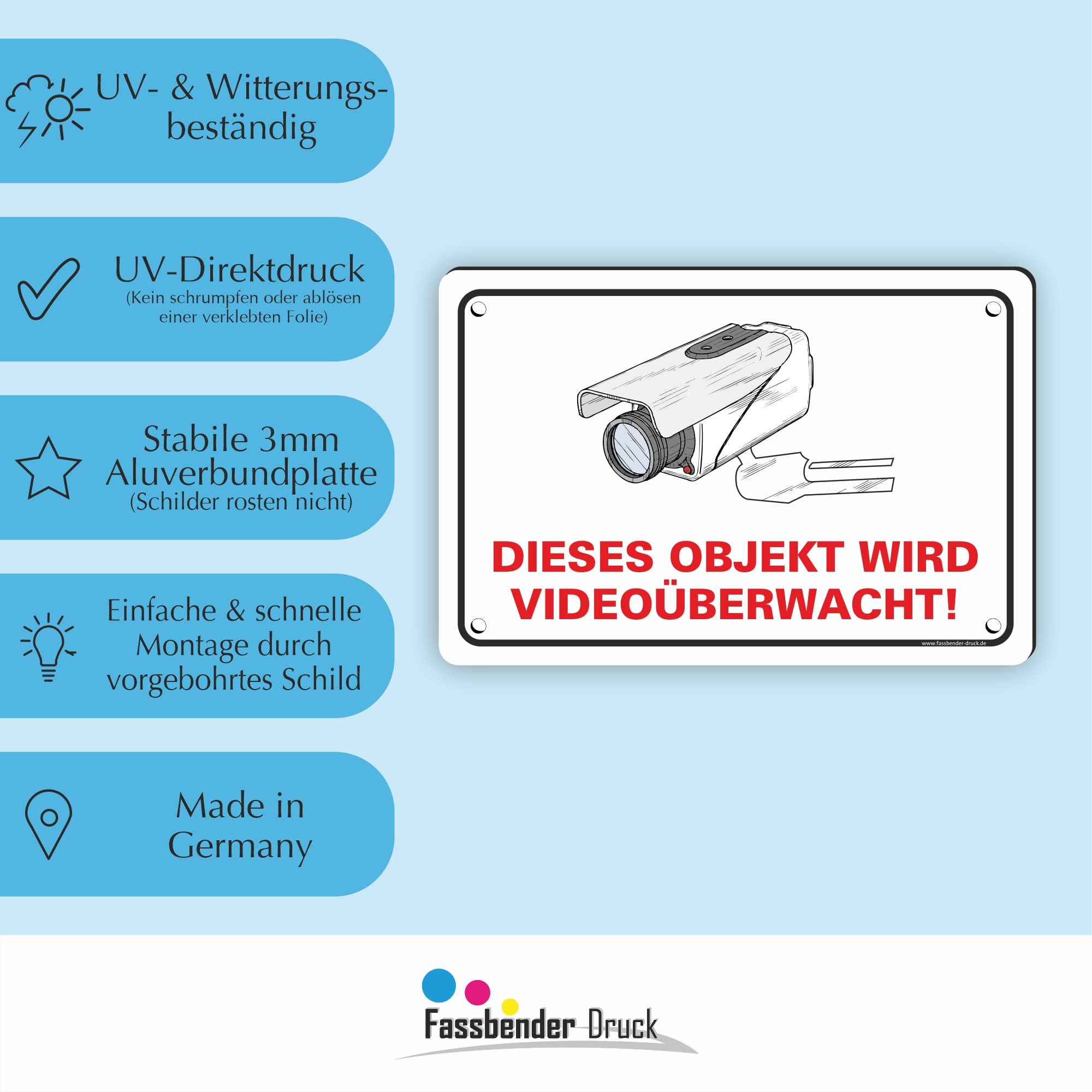 OBJEKT WIRD VIDEOÜBERWACHT vorgebohrtes Schild zum Markieren eines videoüberwachten Bereiches - Videoüberwachungsschild mit Bohrlöchern - (60x40cm SCHILD)