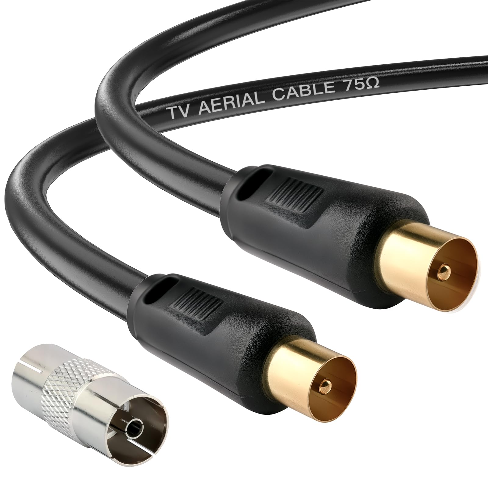 Ancable 1M TV Aerial Coaxial Cable Male to Male, Satellite Cable RF TV Antenna Coax Lead to PAL Male Gold Plated Connectors Black Flylead for Sky/SkyHD, Virgin, BT,TV, VCR or DVD players with Coupler