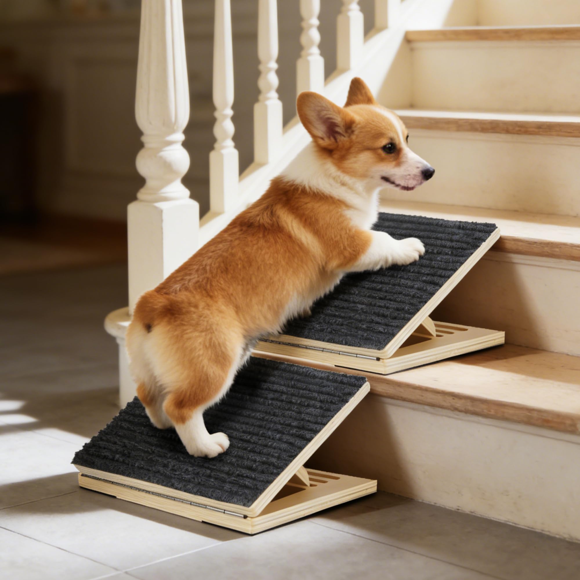 Photo 1 of Dog Ramp for Stairs, 4 Pack Wooden Dog Stair Ramps for Small Dogs Only, Foldable Non-Slip Pet Ramp for Indoor Stair Sections, Adjustable Step Support for Senior & Short-Legged Pets
