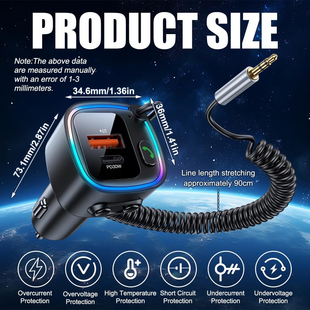 Bluetooth Auto, Trasmettitore Bluetooth Per Auto 5.4 Con Jack Da 3,5 Mm, Aux Bluetooth Auto Usb C Aux Per Auto Per Chiamate In Vivavoce e Musica Wireless Compatibile, Suono Hi-Fi Bass Rgb Ambient