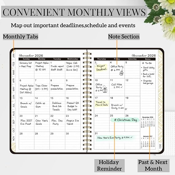 2026 Planner for Women Men,Monthly and Weekly Agenda Calendar Planner,Jan 2026 to Dec 2026,A5 (6.3 x 8.5),Hard Cover Teacher Student Daily Planning Book with Tabs for Office School Home Work,Black