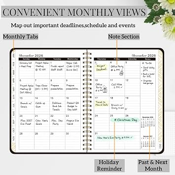 2026 Planner for Women Men,Monthly and Weekly Agenda Calendar Planner,Jan 2026 to Dec 2026,A5 (6.3 x 8.5),Hard Cover Teacher Student Daily Planning Book with Tabs for Office School Home Work,Black