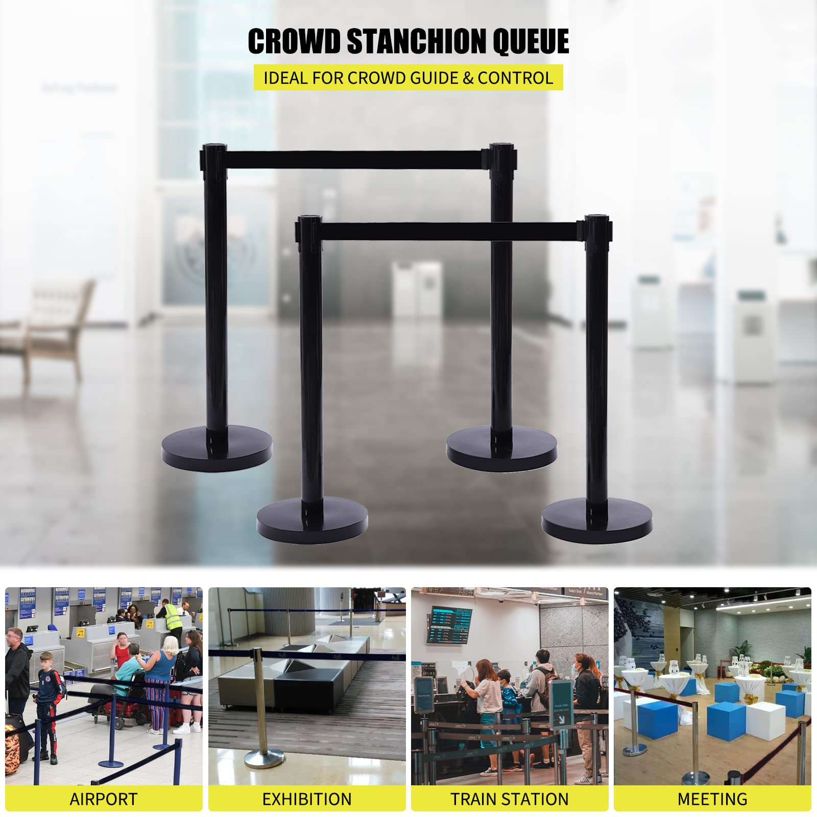 Crowd Control Stanchion, Set of 4 Pieces Stanchion, with 6.6 ft/2 m Black Retractable Belt, Black Steel Crowd Control Barrier w/Rubber Base - Easy Connect Assembly