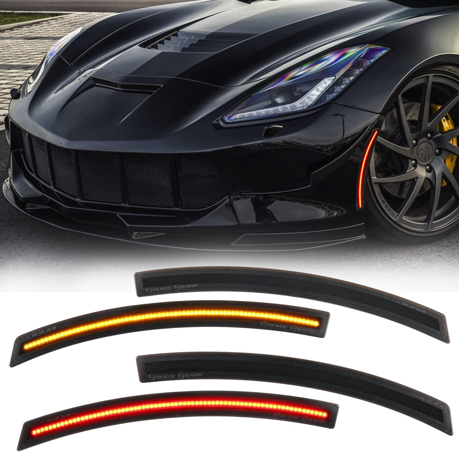 AUXMART Front and Rear LED Side Marker Light fit for Chevy Corvette C7 2014-2019 Smoked Lens Red and Amber Light 4Pcs