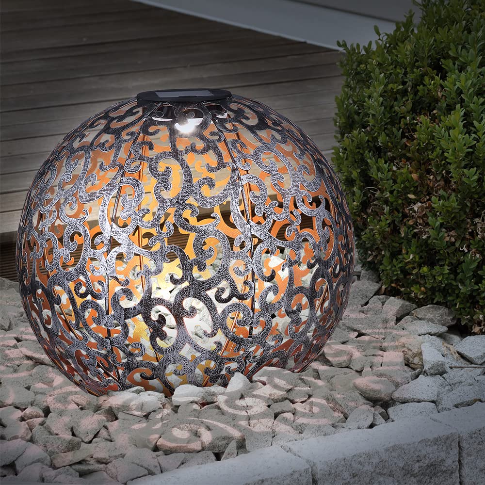 etc-shop Solarkugel für Außen Garten Deko Solarlampe orientalische Kugel Kugelsolarleuchten für Außen, Metall silber antik, LED 0,06W warmweiß, DxH 28,5x40 cm