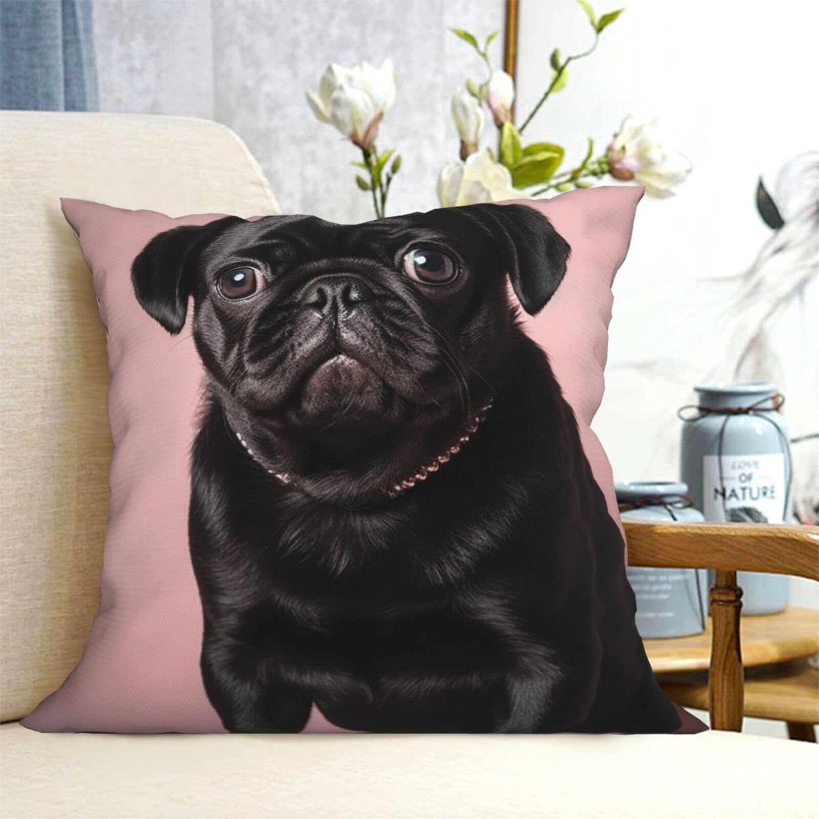 Fodpand Black Decorative Throw Pillow Covers 16"X16" Cute Pug Cushion Cases Square Modern Farmhouse Pillow Cases Soft Cozy Cushion Covers For Couch Sofa Bedroom Home Decor Pillowcase